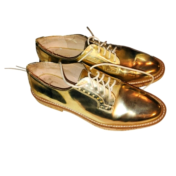 Mango Shoes - Women's Shiny Gold Mango Shoes Lace Up Cork Soles Size 39